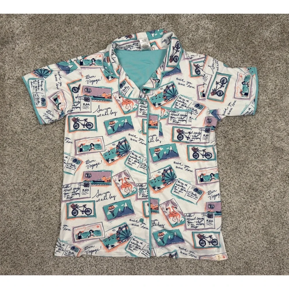 Munki Munki Womens Pajama Set L Blue Postcard Travel Print Button Top Crop Pants